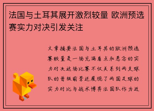 法国与土耳其展开激烈较量 欧洲预选赛实力对决引发关注