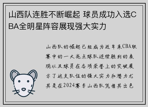山西队连胜不断崛起 球员成功入选CBA全明星阵容展现强大实力