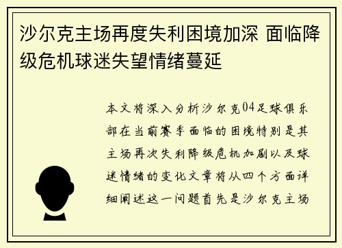 沙尔克主场再度失利困境加深 面临降级危机球迷失望情绪蔓延