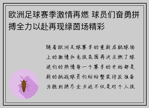 欧洲足球赛季激情再燃 球员们奋勇拼搏全力以赴再现绿茵场精彩