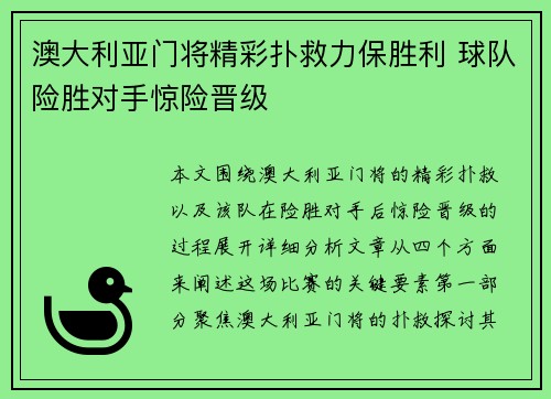 澳大利亚门将精彩扑救力保胜利 球队险胜对手惊险晋级