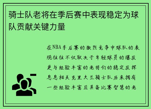 骑士队老将在季后赛中表现稳定为球队贡献关键力量