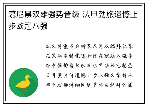慕尼黑双雄强势晋级 法甲劲旅遗憾止步欧冠八强
